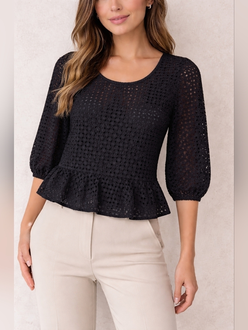 Club Monaco Black Eyelet Peplum Top S Cotton Blend Business Chic Feminine Office